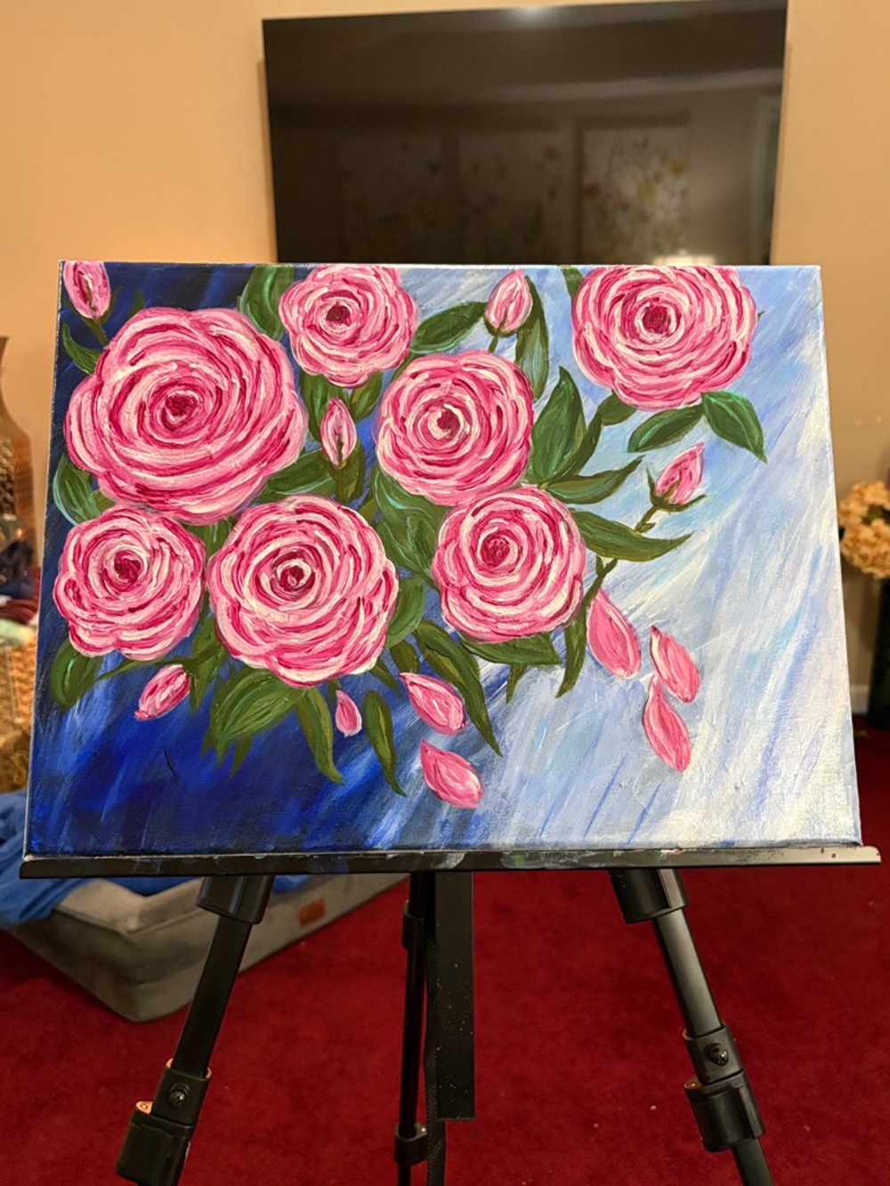 Pink Floral Bouquet Painting on Canvas - Handcrafted Home Art 14x11
